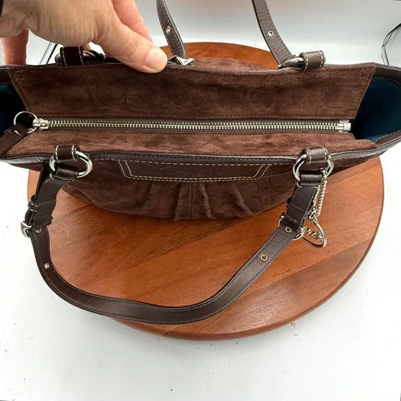 Coach Signature Optic Gallery Pleated Tote Bag Brown Suede Leather
